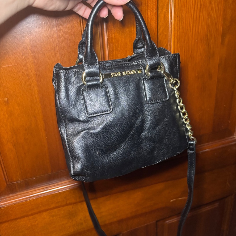 Steve Madden Black Faux Leather Mini Satchel Crossbody Bag Gold Hardware